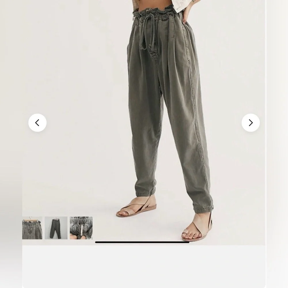 Free People Paper Bag High Waist Pants Women's L Green Cotton Blend Drawstring